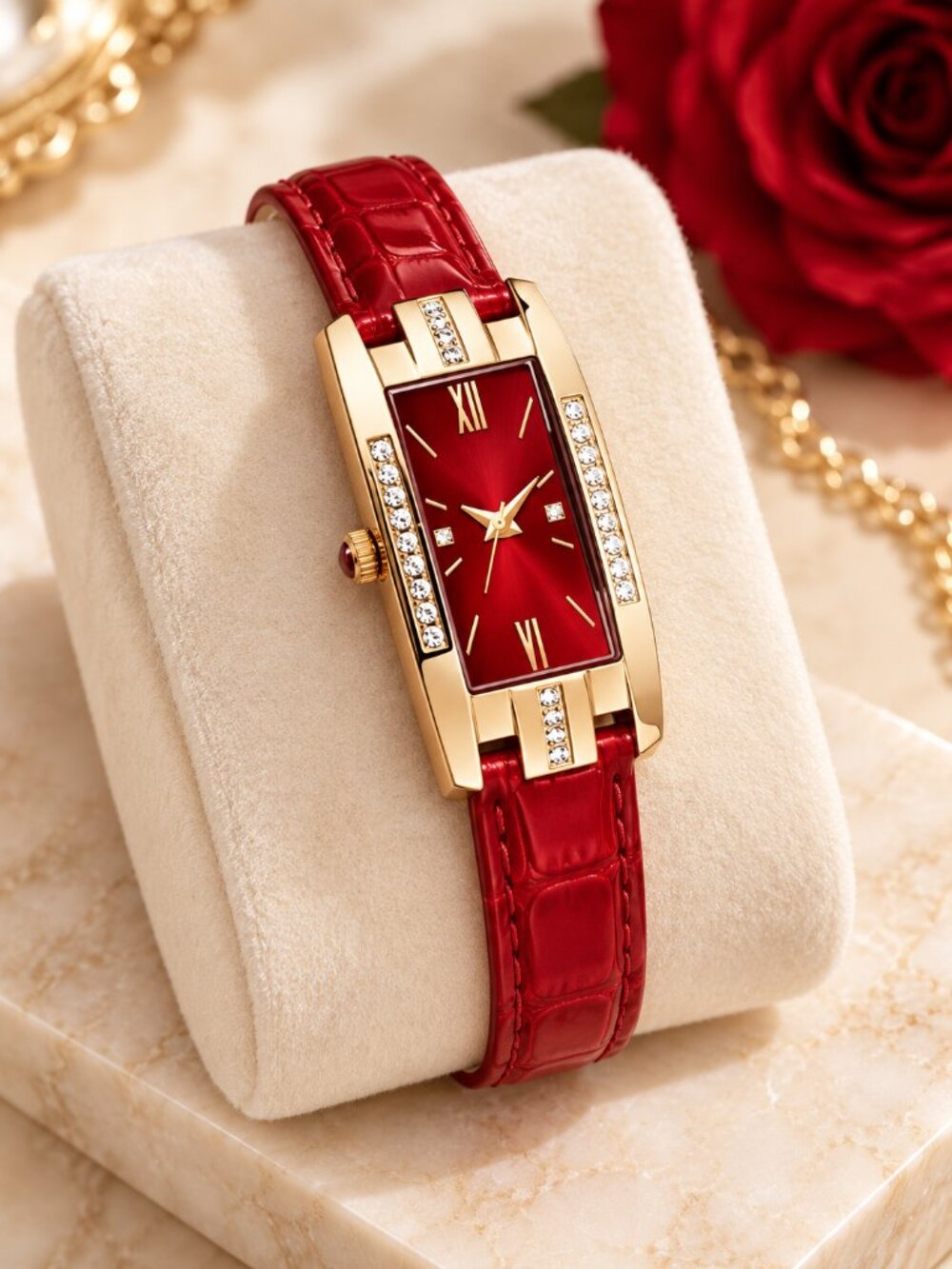Women’s Ruby Red Rectangular Rhinestone Quartz Dress Watch - Picture 2 of 3
